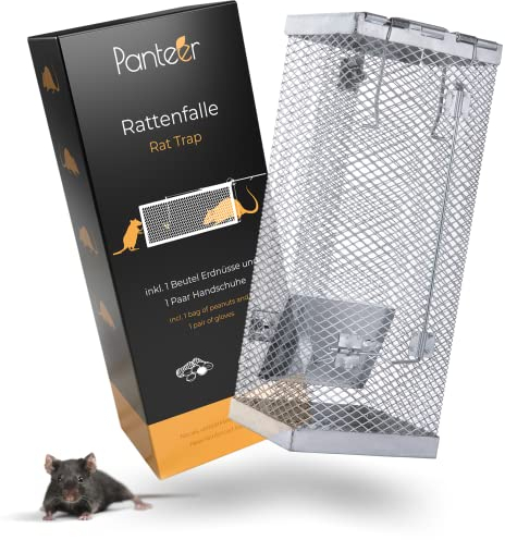 Panteer SCHÄDLINGSMEISTER XXL Rattenfallen Set - Lebendfalle - Effizient für Ratten, Mäuse, kleine Nagetiere, Schneller 0,2 - Sek -Verschluss, Vollverzinkt, Inkl. Handschuhe & Köder