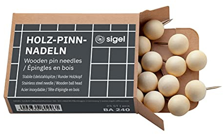 SIGEL Holz Pinnnadeln beige 25 Stück für Pinboards, großer Kopf | BA240, Großer runder Kopf für komfortable Handhabung