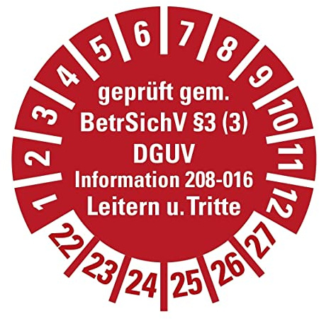 100 Stück - Prüfplakette Mehrjahresprüfplakette geprüft gemäß Leitern/Tritte, BetrSichV §3 | 22-27 Etikett Folie Aufkleber, rot | Ø15-40mm Made in Germany, Größe: Ø40 mm