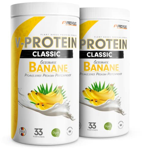 Vegan Protein Pulver BANANE 2x1kg - V-PROTEIN - Pflanzliches Eiweißpulver auf Erbsenprotein-Basis mit 75,8% Eiweiß-Gehalt - optimale Protein-Wertigkeit - veganer Protein-Shake ohne Soja & Weizen