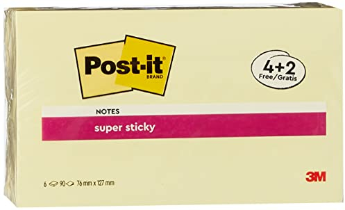 Post-it Super Sticky Notes Promotion, Kanariengelb, Packung mit 6 Blöcken, 90 Blatt pro Block, 76 mm x 127 mm, Farbe: Gelb - Selbstklebende Notizzettel für Notizen, To-Do-Listen und Erinnerungen