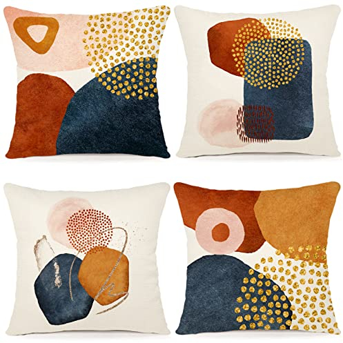 YCOLL Linen Cushion Covers - Set of 4 Decorative Geometric Pattern Cushions for Sofa, Bed, Couch, Outdoor - 40 x 40 cm, A080