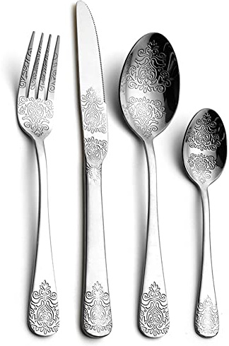 Vaisselle Couverts Motif Vintage Argenterie 24 Pièces, Ustensiles En Acier Inoxydable 18/10 Plaqué Or, Ensemble De Couverts Servir 6 Personnes Service De Table Réutilisable (Color : 24PCS Silver)