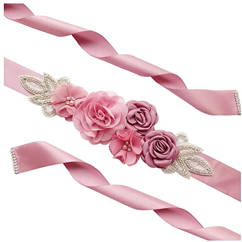 SHTGOI Cinturón de mujer con perlas de estrás para novia, con flores, cinta de raso, para boda, cinturón de novia, dama de honor, faja, rosa, vestido de novia, accesorio para vestido, 270 cm, color