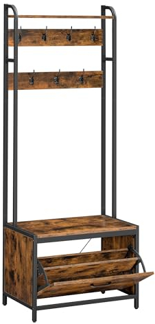 VASAGLE Entréskåp med bänk, 7 krokar och hylla, klädställ, omklädningsrum, för hall, sovrum, industriell stil, rustik brun och svart HSR425B01