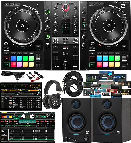 Hercules DJControl Inpulse 500 2-Channel USB DJ Controller Bundle with Eris 3.5BT Bluetooth Studio Monitors, Built-in Audio Interface – Complete Home DJ & Studio Magic Plug-in Suite Software Setup