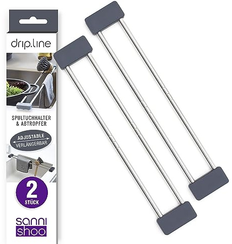 Sanni Shoo drip.line - Spültuchhalter multifunktional, 2er Set Anthrazit | Ausziehbarer Spüllappenhalter bis 56,6cm, Rostfreier Edelstahl, als Abtropfgitter Spüle und Lappenhalter Spülbecken