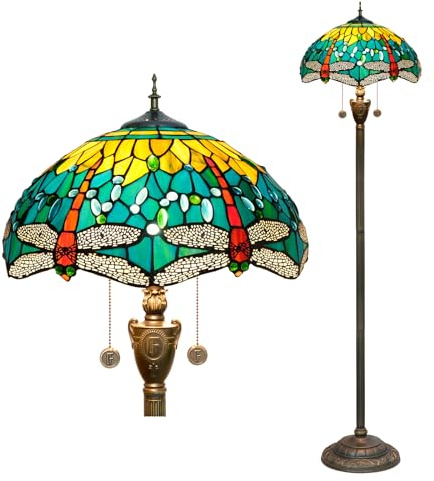 Blivuself Tiffany Stehlampe Buntglas Lampen für Wohnzimmer Schlafzimmer Büro Rustikale Ecke Stehend Tall Vintage Licht Kinder Einzigartige Ziehen Kette Grüne Libelle Stil Beleuchtung