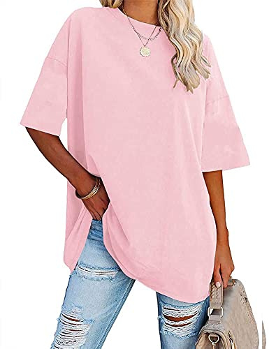 Ebifin Dam oversize t-shirt rund hals kortärmade toppar casual lös basic sommar t-shirts skjortor blus., 02-rosa, S