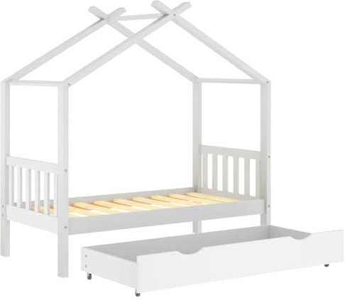 Gecheer Kinderbett Holzbett mit Bettschublade mit 2 Griffen Kinderbettrahmen Bett Bettgestell Hausbett,Geeignete Matratzengröße: 80 x 160 cm (B x L) Massives Kiefernholz Weiß