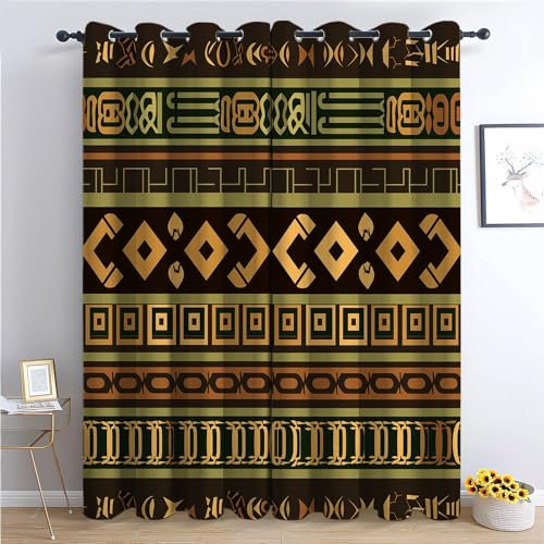 CozyRest Kinder Vorhänge Afrikanische Stammesstreifen Ösen Gardinen mit Blickdichte Thermo Vorhang Kälteschutz Blackout Curtain Kinderzimmer Schlafzimmer Ösenvorhang Braun und grün H160 x B70cm