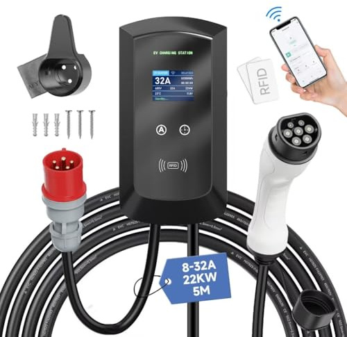 Afyeev EV Ladegerät Smart APP mit 8-32A Typ 2 22kW, 5m Ladekabel mit Ladegerätehalter App-Steuerung CEE 3-Phasen Stecker für Alle EVs und PHEVs