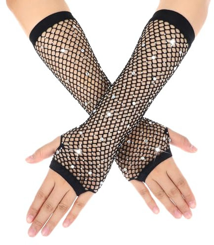 Xinjoduz Netzhandschuhe Schwarz Fischnetz Fingerlose Lange Fischgrete Strass Glitzerhandschuhe Handschuhe Silber Mode Metallic Armstulpen Glitzer Fischnetz Für Party Mädchen Karneval 23 cm