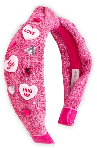 FROG SAC Top Knot Headband for Girls - Knotted Head Bands for Kids, Candy Heart Hair Band for Children, Pink Embellished Hair Accessories for Toddlers, Valentines Little Girl Fashion Hairband