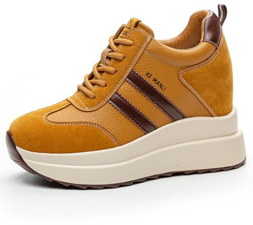 MIEHUIAI Sneakers Alte Donna Sneakers Zeppa Interna Eleganti Piattaforma Scarpe con Tacco Interno 10 cm Moda Pelle Casual Scarpe da Ginnastica (Giallo,Taglia 35)