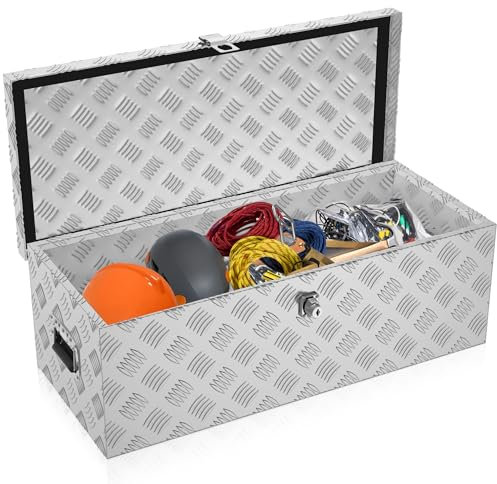 HENGMEI Aluminium Transportbox Werkzeugkiste Anhänger, Werkzeugkasten, Deichselbox mit Schloss, Wasserdicht Metallbox für Aufbewahrungswerkzeuge, 760x330x245 mm, Silber