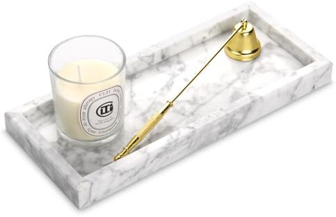 Bandeja Mármol Natural Bandeja Baño Rectangular Antideslizante Bandejas Decorativa para Cosmético, Salón, Dormitorio, Joyas, Velas, Jabón, Toalla (Blanco Carrara, 30 x 13 x 3 cm)