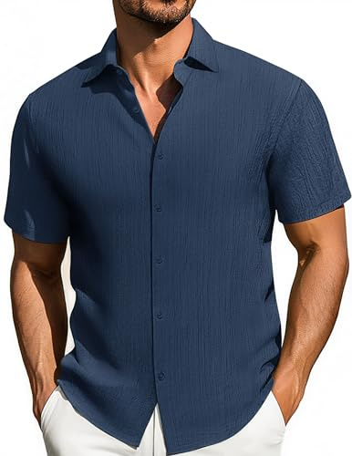 Herrenhemd Kurzarm Freizeithemden Button-Down Shirt Regular Fit Sommer Businesshemd Strand Hawaii Hemden, Marineblau, L