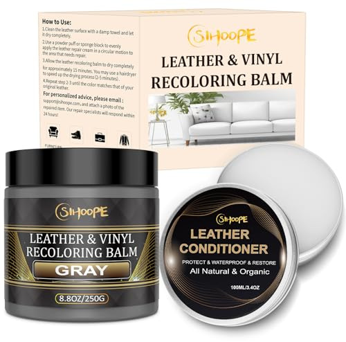 SIHOOPE Grau-Leder-Reparatur-Set mit Lederfett, 250ml – Lederpflege für Ledercouches, Vinyl-Möbel, Sofas und Schuhe, Auto Lederpflege, Autositz-Reparatur und Lederfarbe für Reparatur