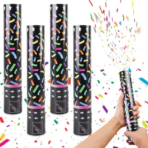 4 cannoni per coriandoli, 30 cm, colorati, biodegradabili, per feste di matrimonio, compleanno, baby shower, carnevale, accessori per feste (colorati) (nero)