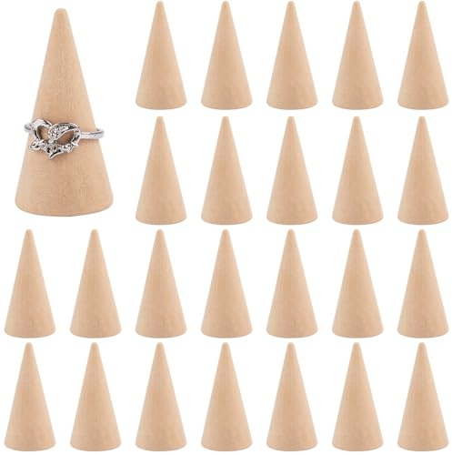 ANNASAMDO 25 Stück Holzkegel Ringhalter Ringständer Display, Holz Kegelförmige Ring Halter Schmuckständer Schmuckhalter Schmuck Anzeige (Natürlich)