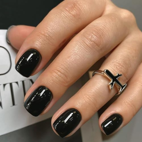 Ceboic 24 Stück French Press on Nails Kurz Eckig, Schwarz Einfarbig Nägel zum Aufkleben Full Cover Glänzend Kunstnägel Fake Nails, Natürliche Acryl Künstliche Fingernägel für Frauen & Mädchen