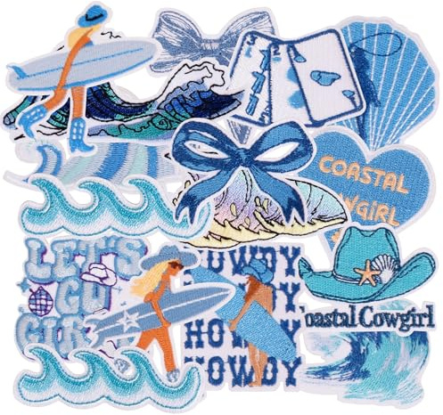 Coastal Cowgirl Iron On Patches for Jeans,16PCS Blue Summer Beach Patches for Girls Heat Press Embroidered Patches for Clothes,Backpacks Beach Bags, Jeans, Shirts & Clothing Accessories