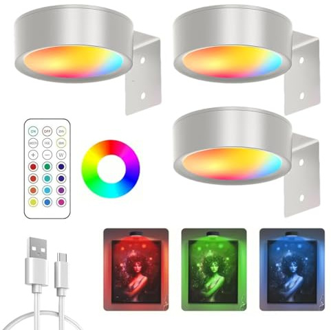 Magnetisches Mallicht Mit 13 Beleuchtungsmodi, Magnetische LED Bilderleuchte, Bilderleuchte Kabellos Mit Fernbedienung Und Timer, für Bilder Dartboard Fotorahmen Portrait (Weiß-13-Farben, 3Pcs)