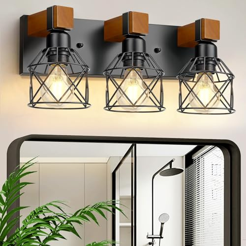 Ablwigh 3-Light Farmhouse Vanity Lights for Bathroom, Rustic Wood Bathroom Vanity Lighting Fixtures Over Mirror, Vintage Black Wall Mounted Lamps with Metal Cage for Living Room, Bedroom, Hallway