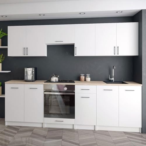 roe furniture Moderne Küchenzeile ohne Elektrogeräte in Mattweiß - Einbauküche mit viel Stauraum - Erweiterbares 2,4-m-Set inkl. Arbeitsplatten in Weiß - 240 x 82 x 46 cm (B/H/T)