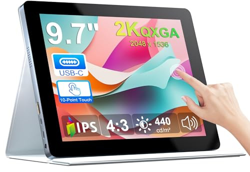 Wstirhy 9.7 Zoll Touchscreen Monitor 2K (2048 * 1536) LED IPS 4:3 Touch Bildschirm mit HDMI USB-C Monitor für PC, Computer, integrierter Lautsprecher
