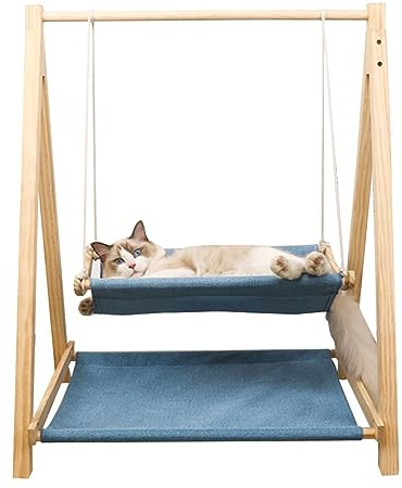 FDOSIJFOS Cama Colgante para Gatos, Cama Columpio for Gatos de Dos Pisos, Hamaca for Perros y Madera Pino Natural, Muebles for Mascotas cómodos, Transpirables Lavables(Blue)