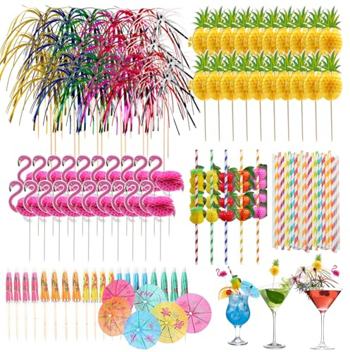 120 Pcs Cocktail Accessories, with Reusable Cocktail Umbrellas, Straws, Flamingo/Pineapple/Sparkler Sticks for Drink, Ideal for Sticks for Beach, Birthday, Music Festival, Summer Party Decorations