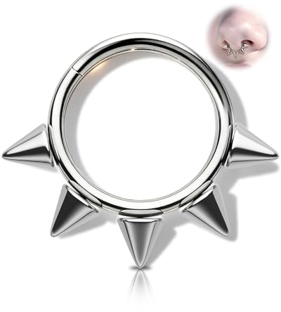 OUFER G23 Titanium 16G Spiked Septum Ring, 8 mm Daith Piercing Jewellery for Music Festivals Night Out, Hinged Clicker for Septum, Cartilage, Helix, Nose