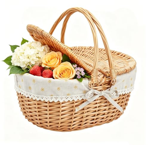 Cesta de Picnic,Cesta de Picnic de Mimbre con Tapa, Cesta De La Compra Trenzada con Asa Y Forro, Cesta De Mimbre para Pícnics, Camping, Recolección De Verduras（Amarillo）