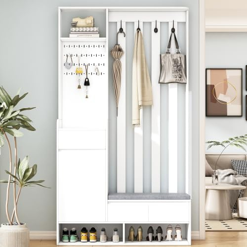 feynoss Flurgarderobe Garderobenset 100 cm Breite, Weiß, multifunktional mit Sitzbank, Schuhschrank, 4 Haken & Stecktafel für Eingangsbereich & Waschküche