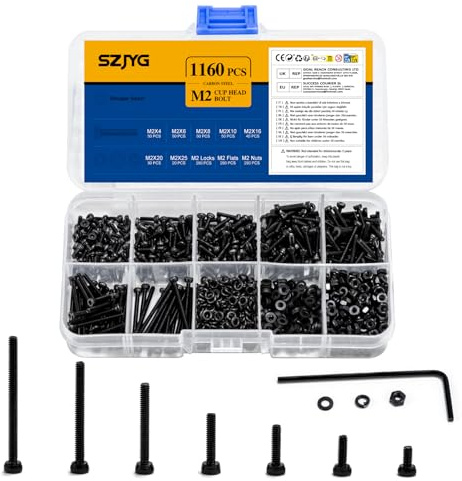 1160 Pcs M2 Bolts and Nuts Set, Assorted Nuts and Bolts Assortment, Carbon steel Screws, Hex Socket Head Cap Screws with Washers Set, Machine Screw Assortment Kit