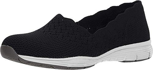 Skechers Womens Seager - Stat Scalloped Collar, Engineered Skech-knit Slip-on Classic Fit Loafer, Black/Black, 9 US