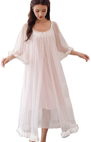 Womens Sexy Vintage Loungedress Nightgown 2 pcs Victorian Sleepwear Nightshirt Girls Pajamas (Light Pink)