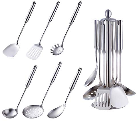 Buyer Star Ustensiles de Cuisine 6 pièces Acier Inoxydable Écumoire Louche Spatule de Cuisine Tourneur à Fente Riz Pasta Server avec Support