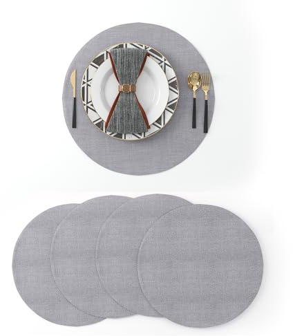 NATUS WEAVER Set of 4 Round Placemat 15 Inch Soft Linen eco-Friendly Fabric Handcrafted Machine Washable Indoor & Outdoor Tablemat Grey