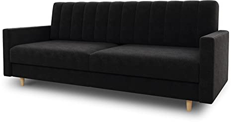 Sofnet - Schlafsofa Sara mit Bettkasten (Schwarz, Kronos 07) | Schlafsofa mit Bettkasten, Wellenfeder, Veloursstoff, Holzfüße, Bettfunktion, Couch, Sofagarnitur