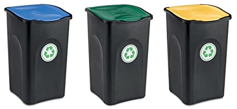 Kreher 3 Stück Abfalleimer 50 Liter mit Deckel in verschiedenen Farben für optimale Mülltrennung (Grün, Gelb und Blau). Abwaschbar und leicht zu reinigen!