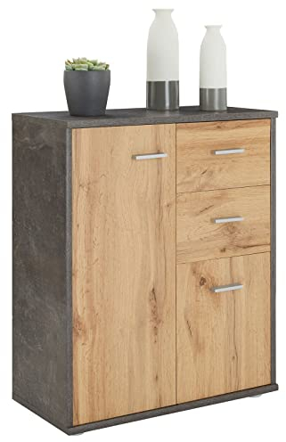 CARO-Möbel Kommode Locarno mit 2 Schubladen und Türen, modernes Highboard Bürokommode in Beton dunkel/Wotan Eiche
