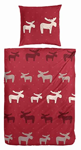 Hahn Edelflanell Bettwäsche Rot Winter Hirsche 135x200 cm + 80x80 cm