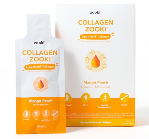 Zooki Marine Collagen Liquid Sachets 5,000mg – Great Taste, Sugar Free – High Strength Marine Collagen Supplements for Women & Men – Skin, Joints & Hair (Mango Peach Flavour, 14 Servings)