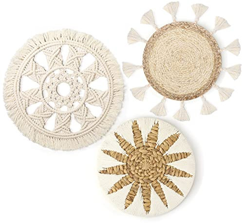 Unittype 3 Pcs Boho Wall Basket Decor, 12 Inch Rattan Wicker Wall Hanging Decoration, Round Handmade Flat Elegant Woven Tapestry Art Basket for Home Bedroom Living Room Kitchen