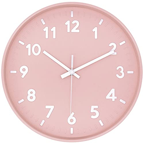 JENLYSTIME 12 Inch 3D Number Modern Wall Clock,Round Bright Colorful Dial,Non Ticking Silent Quartz Battery Operated Wall Clocks,Easy to Read Simple Style Decor Clock for Bedroom,LivingRoom(Pink)