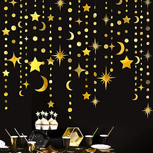Décorations de fête de Guirlande de Papier d'or étoile Lune et a Points dorées Croissant Suspendues Streamer Bannière pour Anniversaire Bapteme Mariage Moubarak Ramadan l'Aïd Fiesta Fête Fournitures