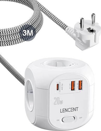 LENCENT 7in1 Prese Multiple Cubicche, Multipresa Con 4 Prese AC, 3 USB e 1 Tipo C, PD20W Alimentatore, Ciabatta Elettrica Con Interruttore e Caricatore Per Casa e Ufficio